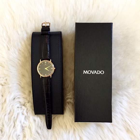 Movado Other - Movado Gold Tone Case Black Leather Band Watch